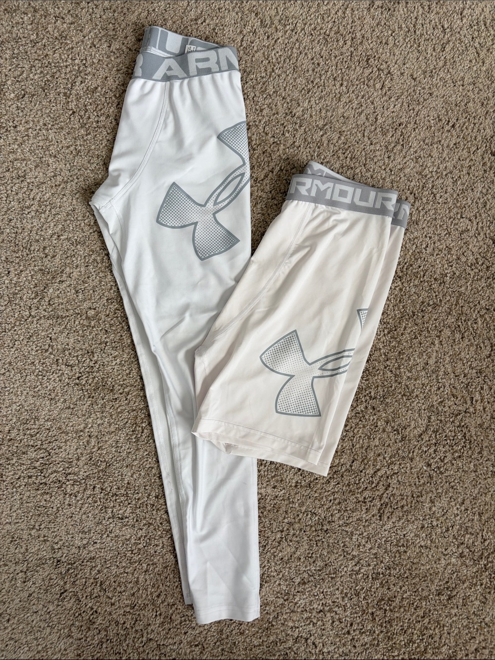 Under Armour Boys White & Gray Compression Leggings and Shorts Set